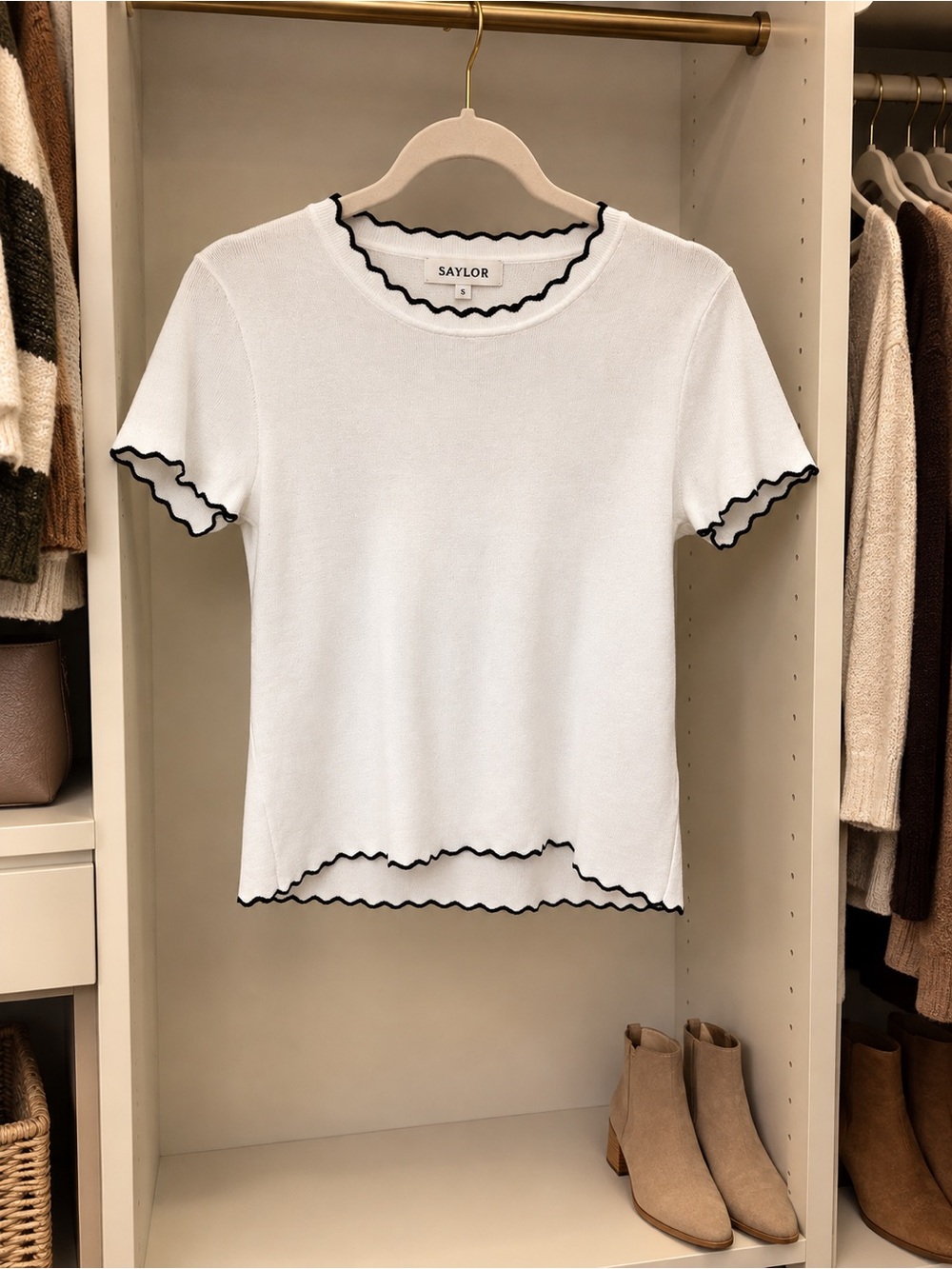 Cyrus White Short-Sleeve Knit Top with Black Scallop Trim